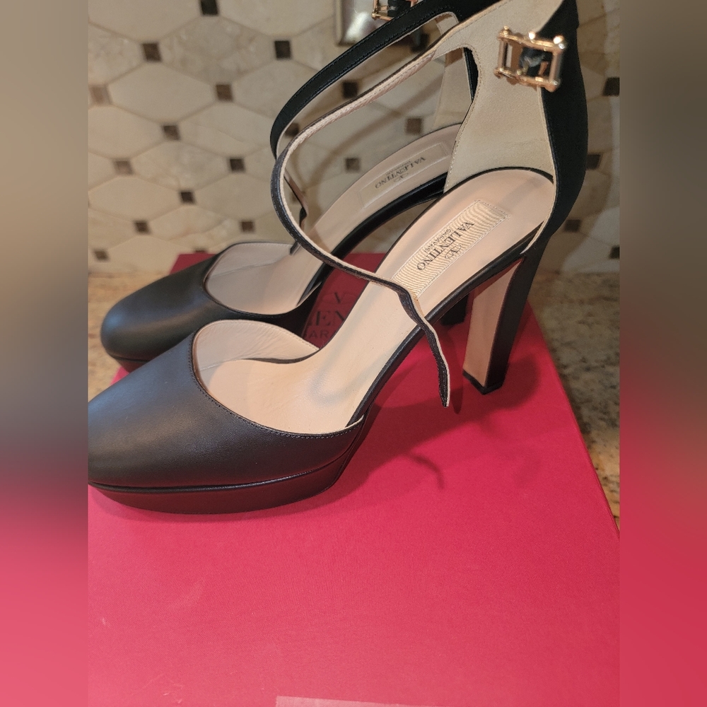 Black Valentino Garavani ankle strap platform leather heels